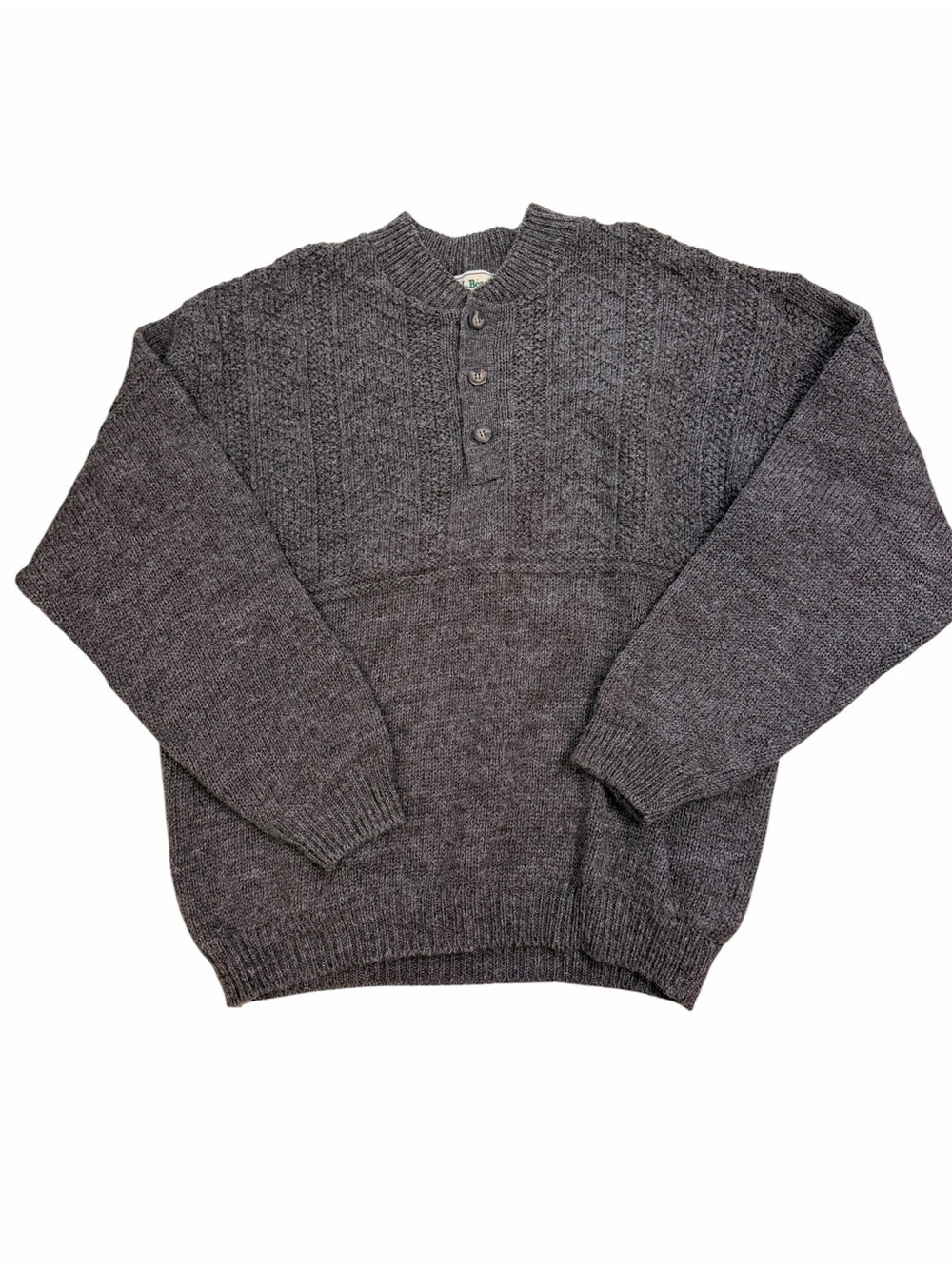 Vtg LL Bean 100% Wool Brown Henley Fisherman Sweater 3 Button Made Scotland